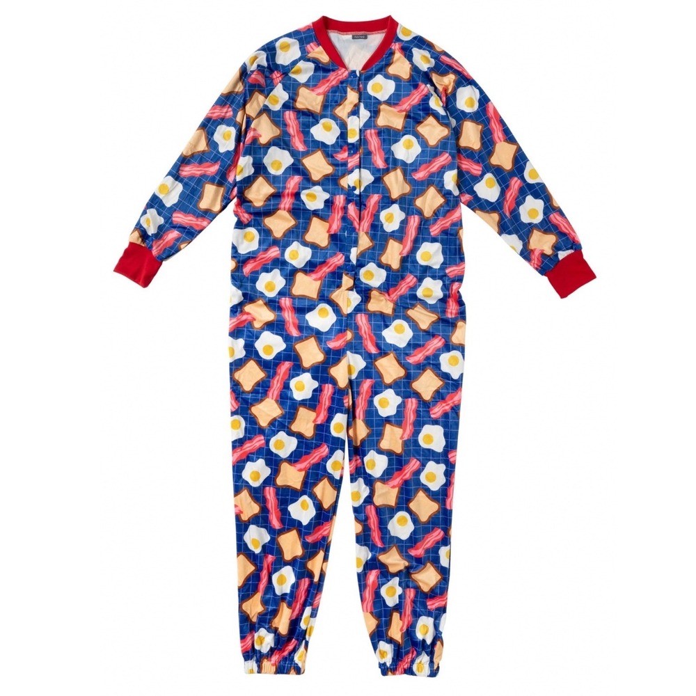 Fuzzyard Mens Bacon‎ and Eggs Breakfast Print Fleece Onesie Pajamas Blue XL New